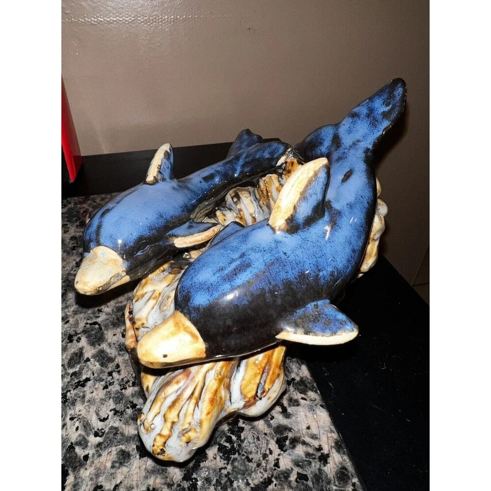 Dolphin On A Wave Ceramic Drip Glaze Vintage Ocean sea life Nautical Pottery Art